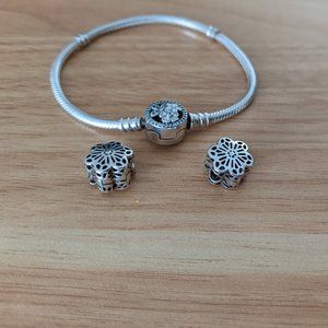 Pandora Moments Bloom Flowers Clasp Snake Chain Bracelet & Stopper/Spacer Charms